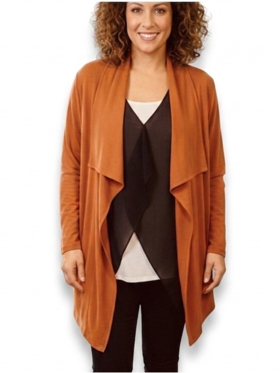 Picadilly Fashion Sweaters - Picadilly Fashions Draped Open Front Cardigan Rust Orange Black L